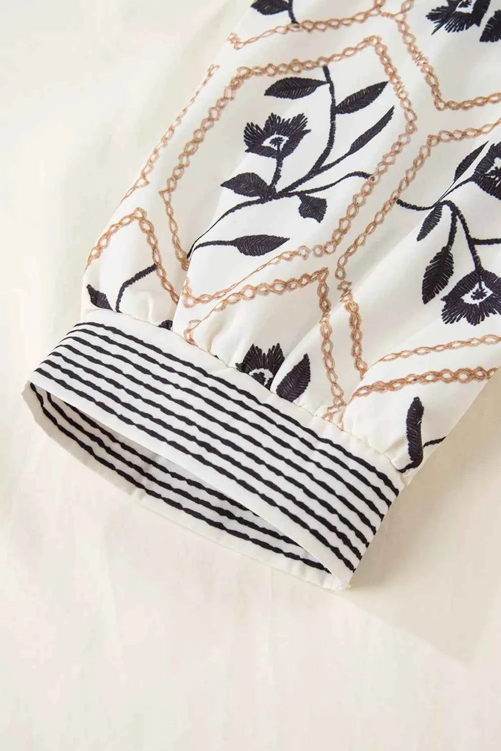 Sarah Express Women's Embroidered Floral Sleeve Blouse - Notched Collar Cotton Top