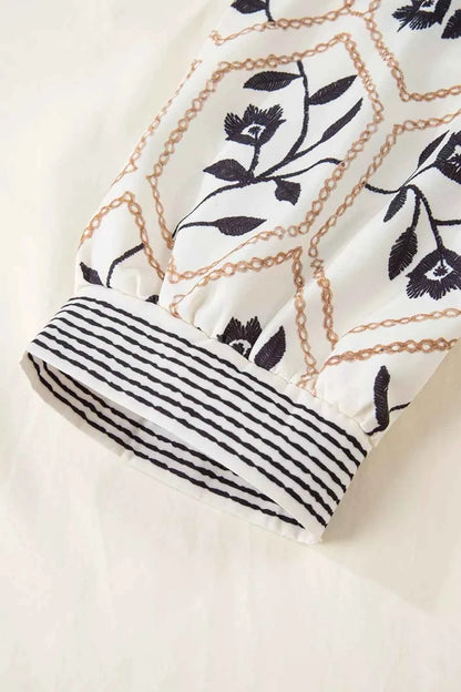 Sarah Express Women's Embroidered Floral Sleeve Blouse - Notched Collar Cotton Top