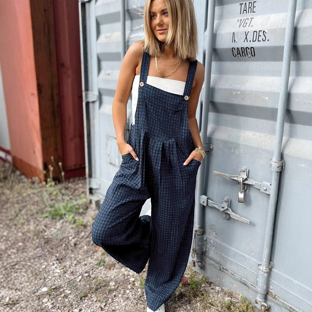 Sarah Express Women's High Waist Straight Leg Jumpsuit Sleeveless Casual Dark Blue