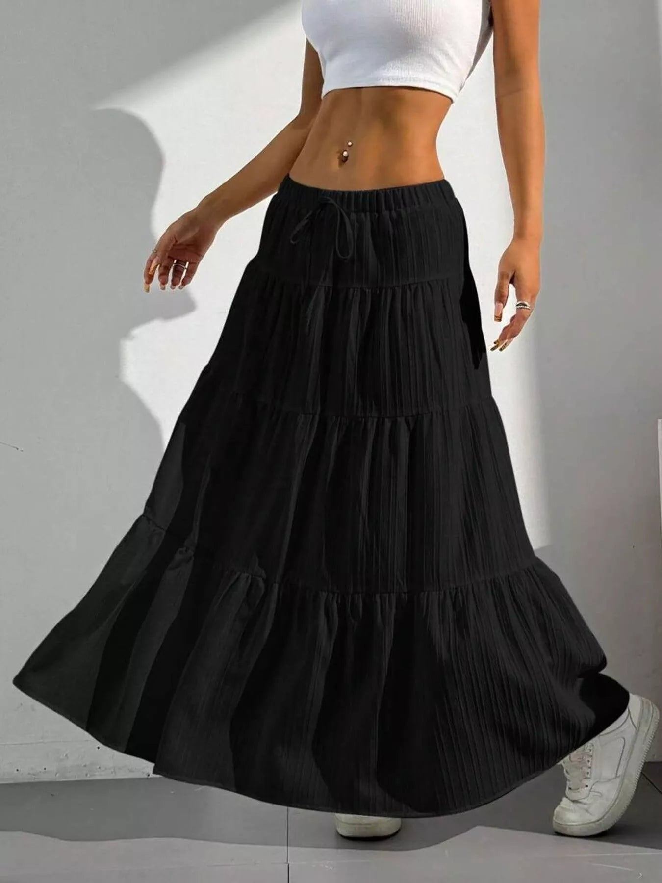 Sarah Express Women's Flowy Tiered Maxi Skirt Black