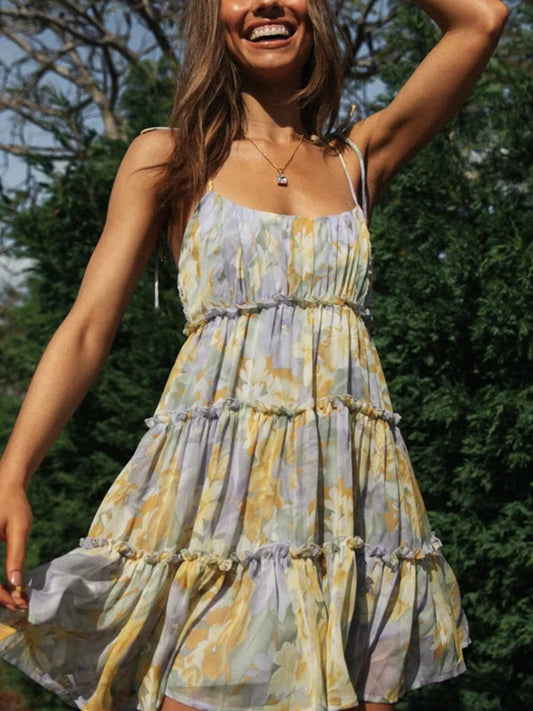 Sarah Express Women's Floral Print Ruffle Tiered Mini Dress Yellow Green