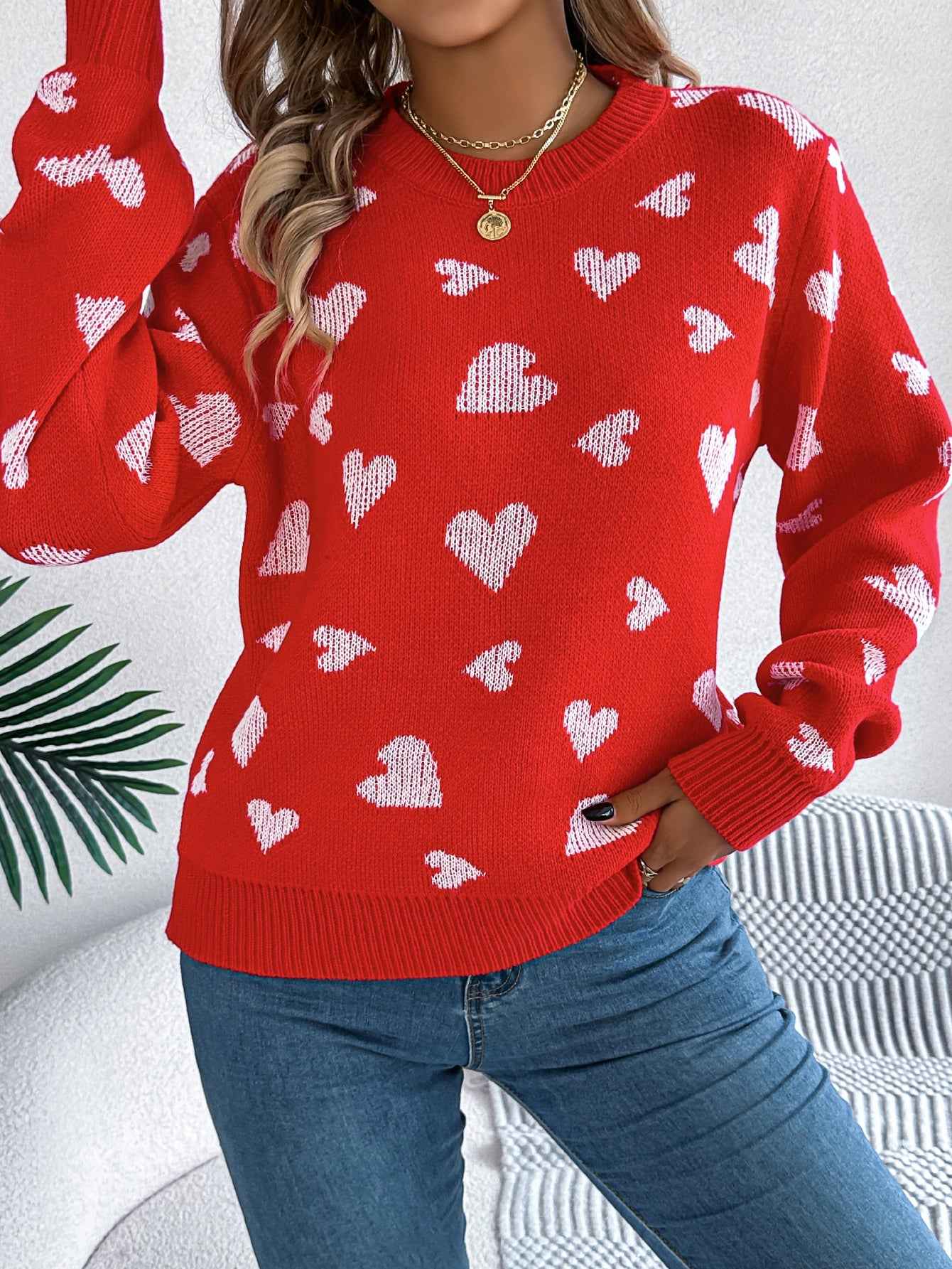 Sarah Express Women's Color Block Heart Lantern Sleeve Pullover Sweater - Casual Knitwear