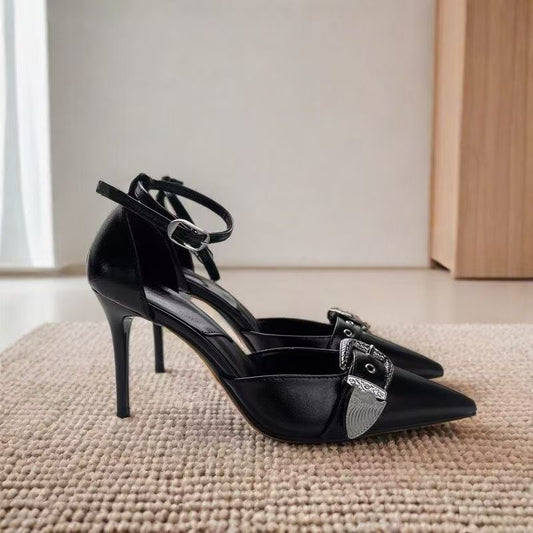 Sarah Express Black Pointed-Toe Stiletto Heels - Hollow-Out Design Women's Pumps