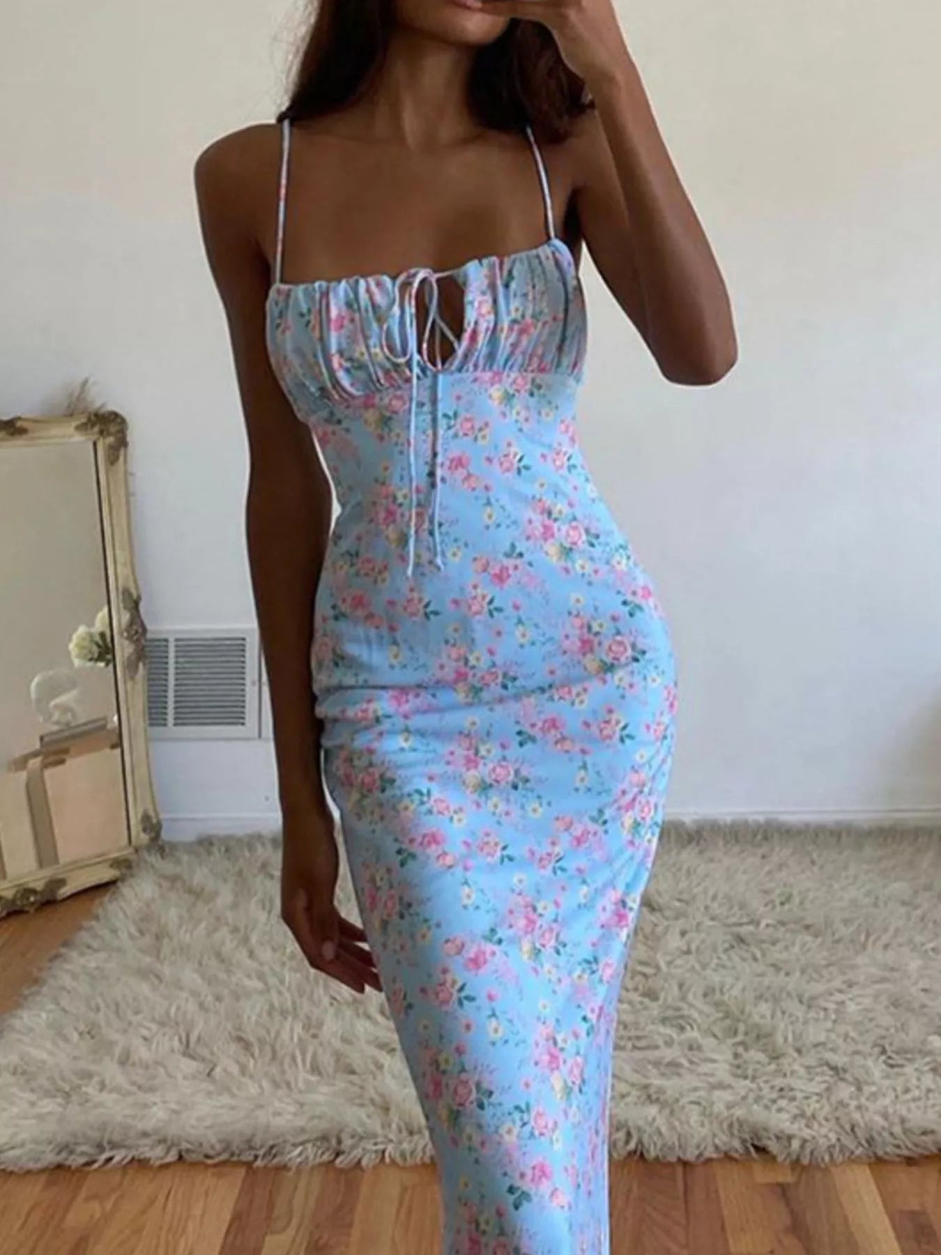 Sarah Express Women's Floral Print Tie Strap Bodycon Maxi Dress