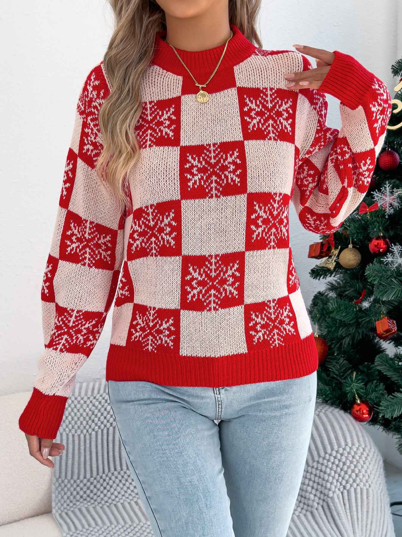 Sarah Express Women's Snowflake Plaid Lantern Sleeve Pullover Sweater - Jacquard Knit