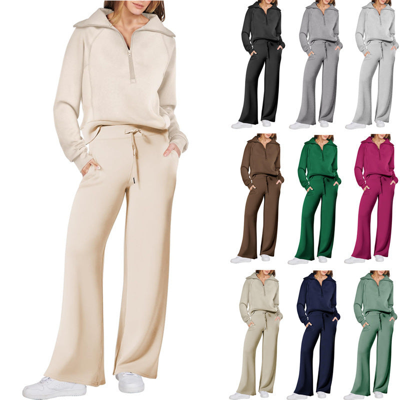 Sarah Express Women's Long Sleeve Zipper Sweatshirt and Wide-Leg Pants Athleisure Set