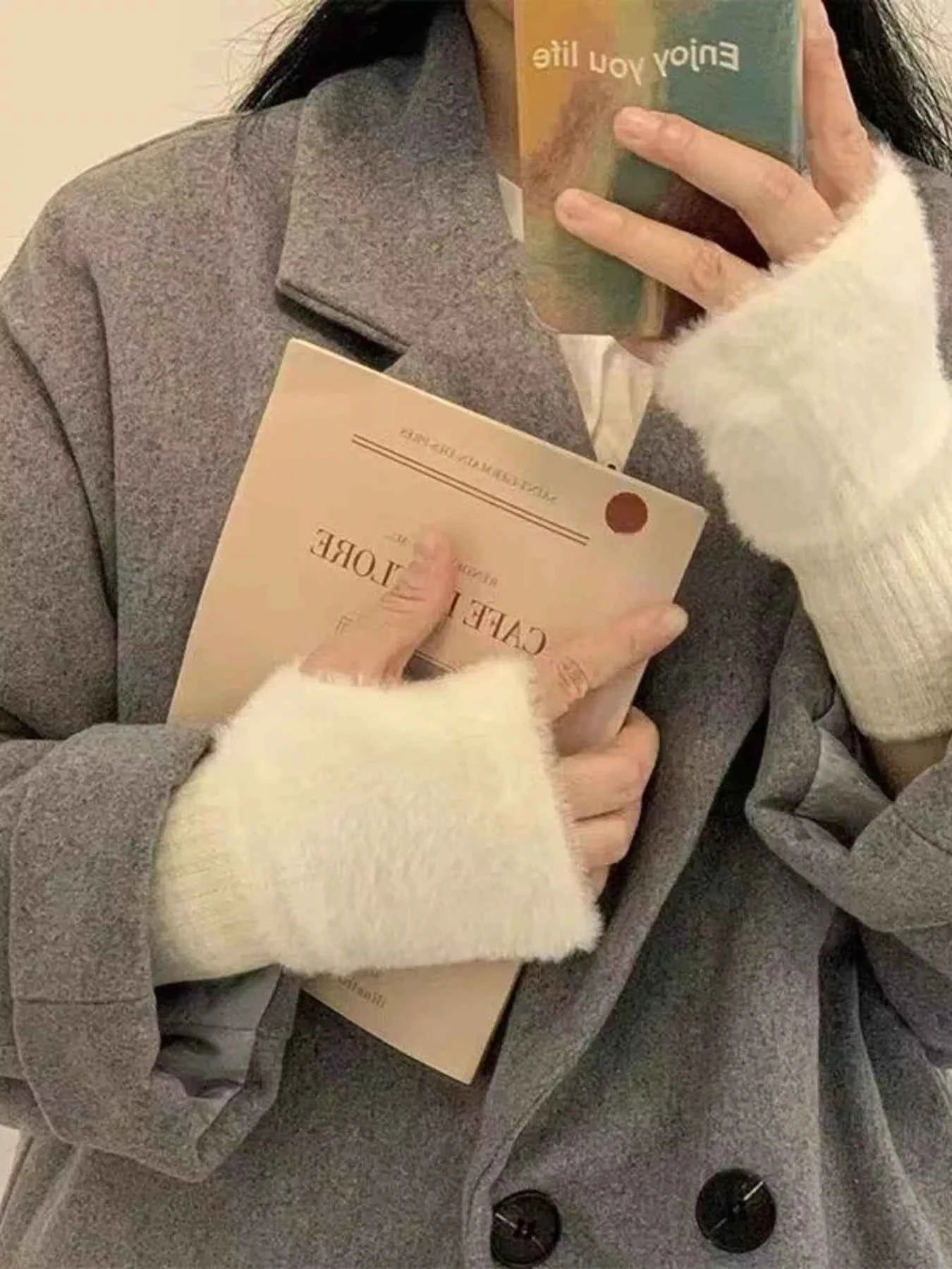 Sarah Express Women's Fuzzy Cuff Fingerless Gloves - Warm Winter Knit Mittens