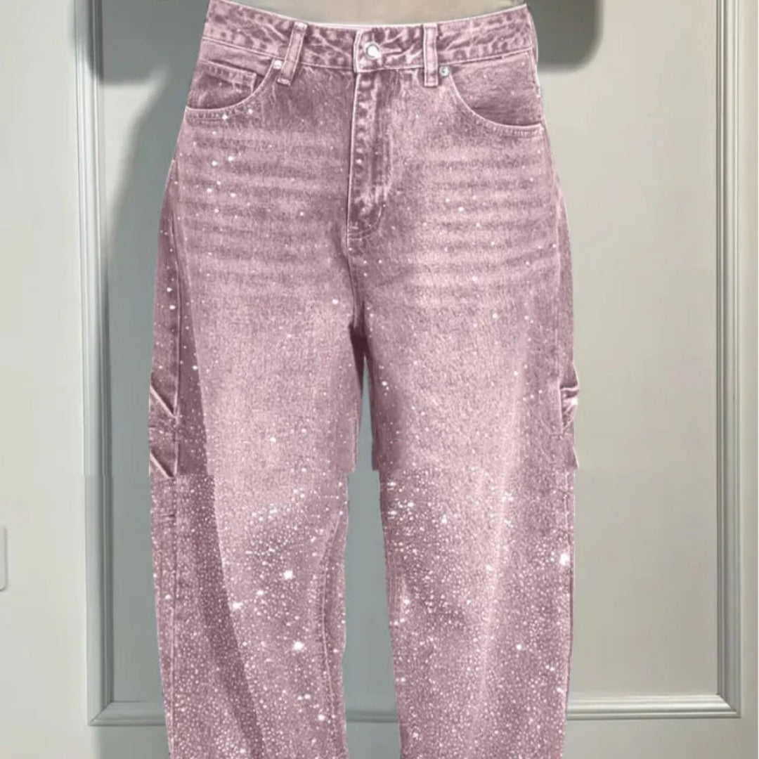 Sarah Express Women's Shiny Wide-Leg Jeans with Pockets - High Waist Straight Leg Pants Pink