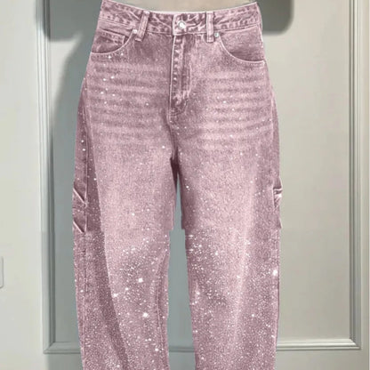 Sarah Express Women's Shiny Wide-Leg Jeans with Pockets - High Waist Straight Leg Pants Pink