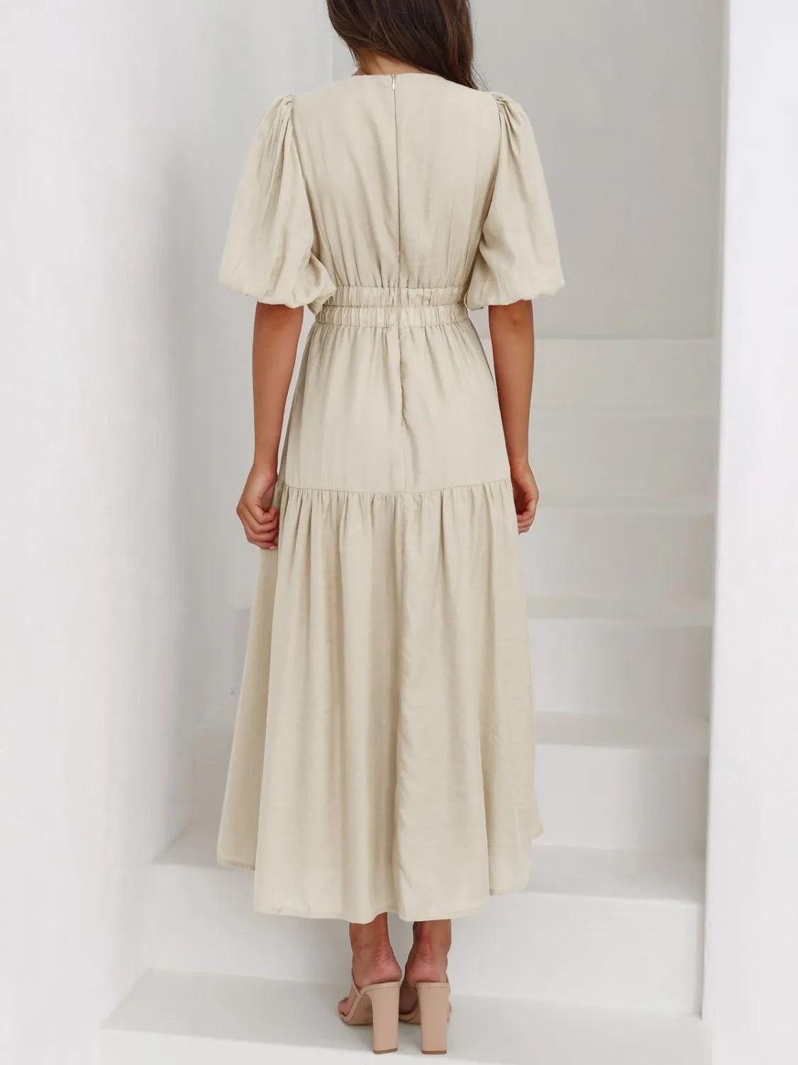 Sarah Express Women's V-Neck Puff Sleeve Midi Dress