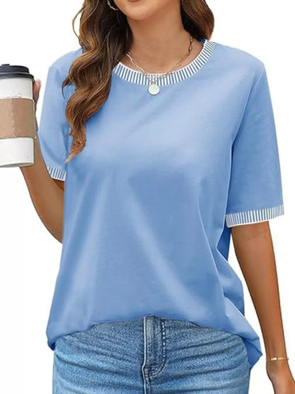 Sarah Express Women's Striped Trim Casual T-Shirt - Relaxed Fit Short Sleeve Top Sky Blue