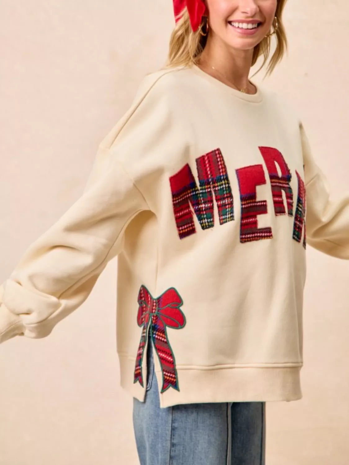 Sarah Express Women's MERRY Bow Slit Crew Neck Christmas Sweatshirt