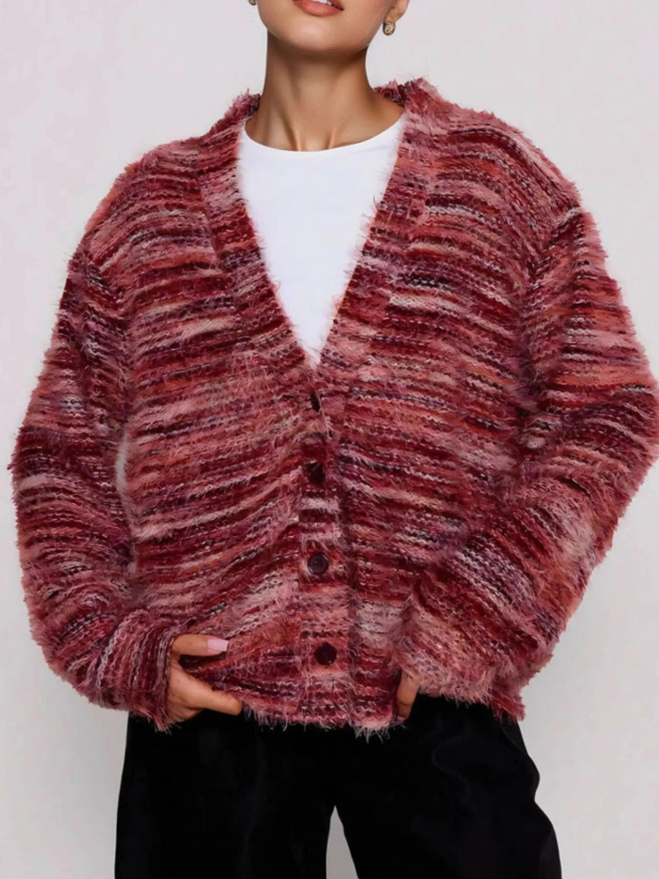 Sarah Express Women's Fuzzy Button Down Chunky Cardigan Cerise