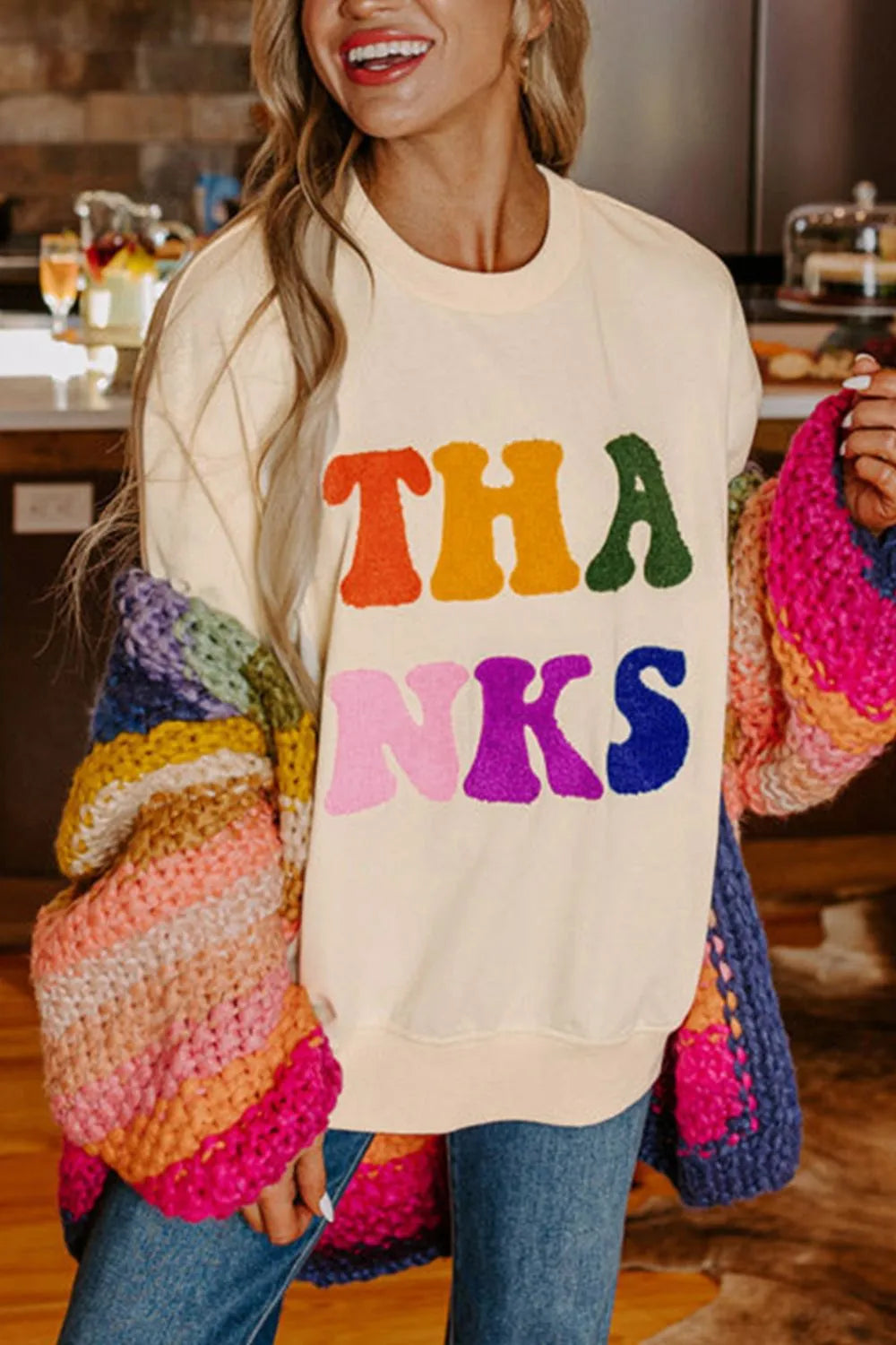 Sarah Express Women's Round Neck Long Sleeve Sweatshirt Cream