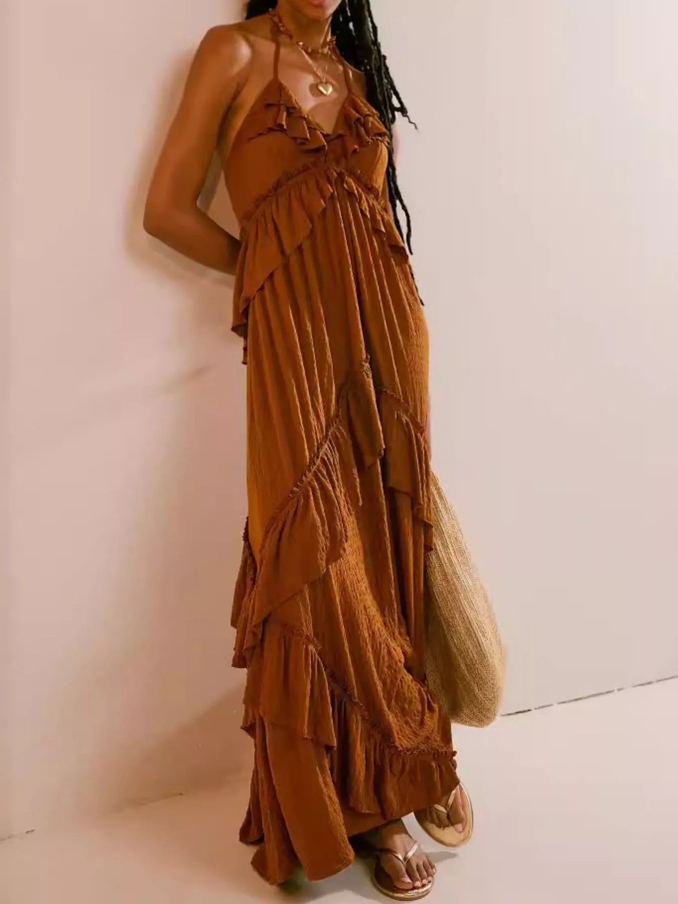 Sarah Express Women's Ruffled Halter Neck Maxi Dress Caramel