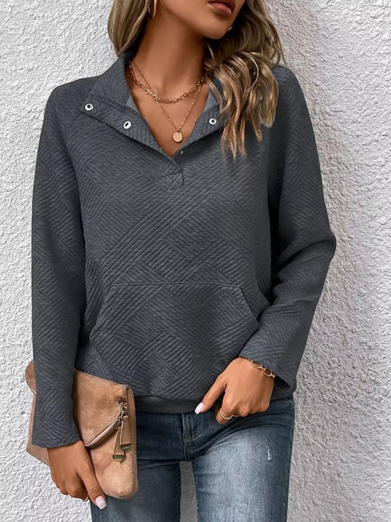 Sarah Express Women's Textured Quarter Snap Sweatshirt Gray