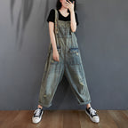 Sarah Express Ripped Denim Overalls Women Retro Light Wash Cotton Summer
