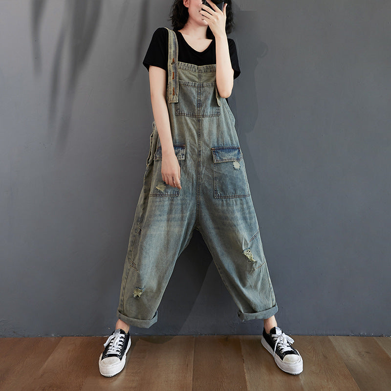 Sarah Express Ripped Denim Overalls Women Retro Light Wash Cotton Summer
