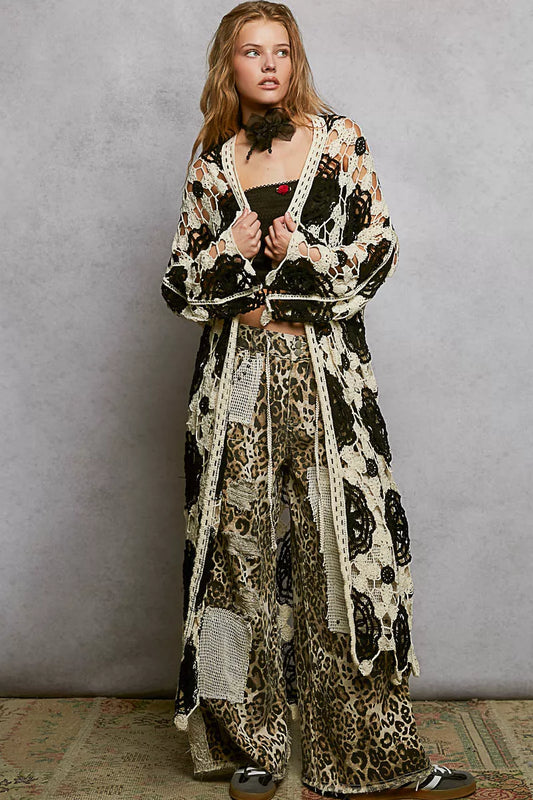 Sarah Express Open Front Crochet Longline Cardigan - Oversized Boho Maxi Duster BLACK MULTI One Size