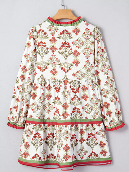 Sarah Express Women's Floral Print Long Sleeve Flared Dress with Frilled Neck - Vintage Inspired Midi Dress