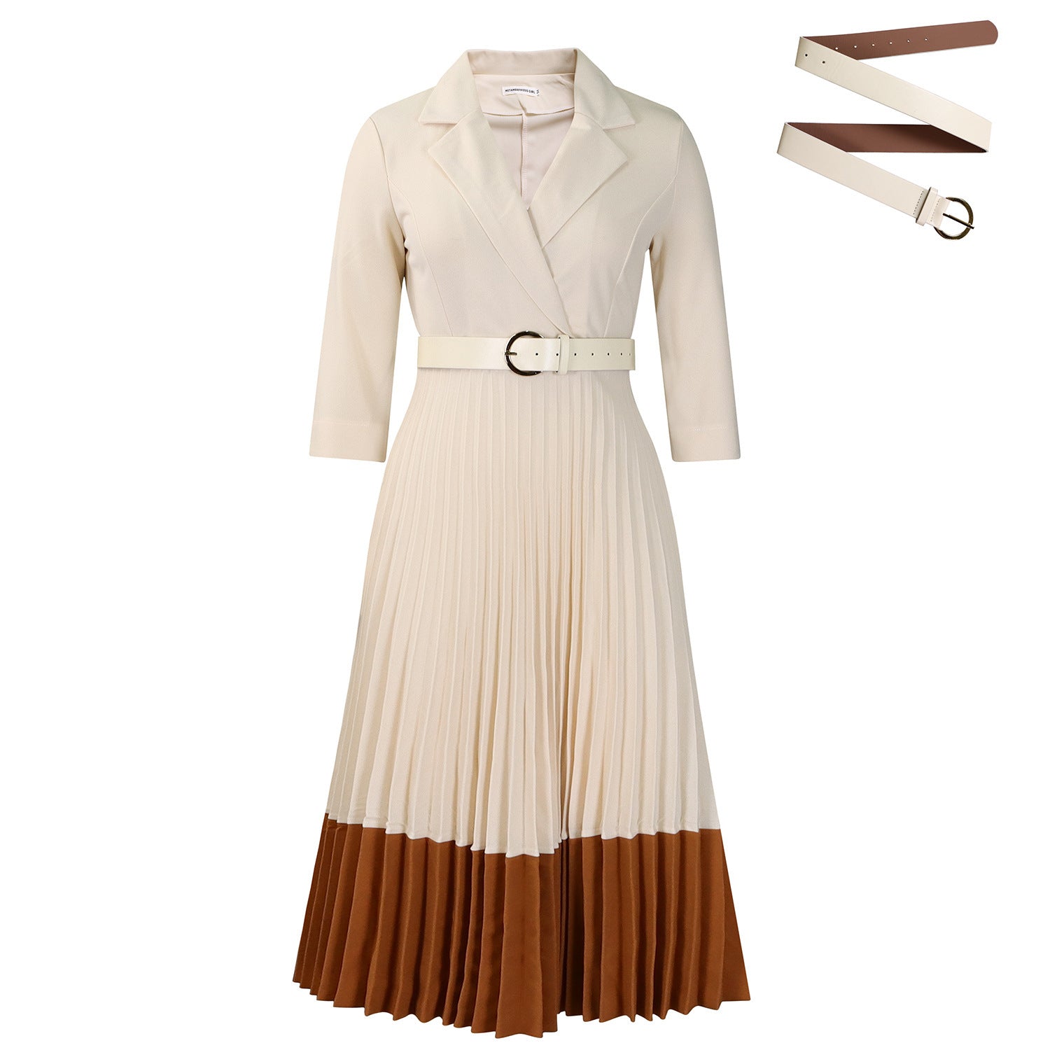 Sarah Express Women's Suit Collar Pleated A-Line Dress with Belt