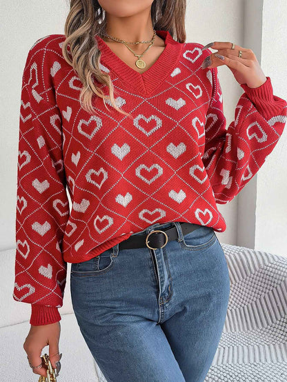 Sarah Express Women Sweet Color Block Heart Lantern Sleeve Pullover Sweater