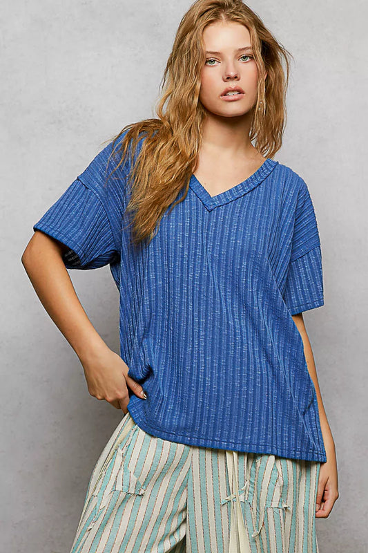Sarah Express Ribbed Knit V-Neck Short Sleeve T-Shirt with Side Slit COBALT BLUE