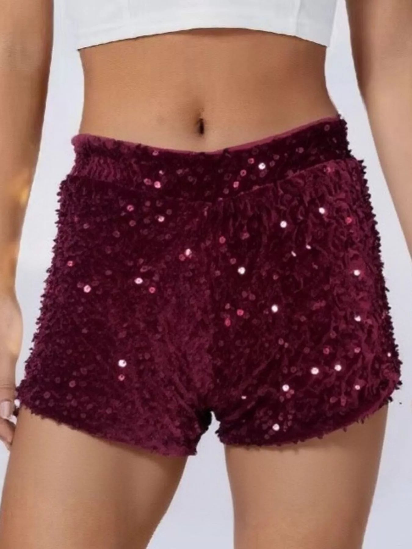 Sarah Express Women's Sequin Embellished High Waist Shorts - Party & Festival Wear Burgundy