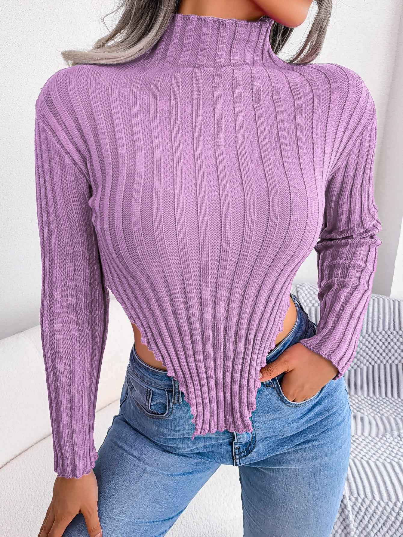 Sarah Express Women Sexy Half Turtleneck Asymmetric Long Sleeve Knit Top