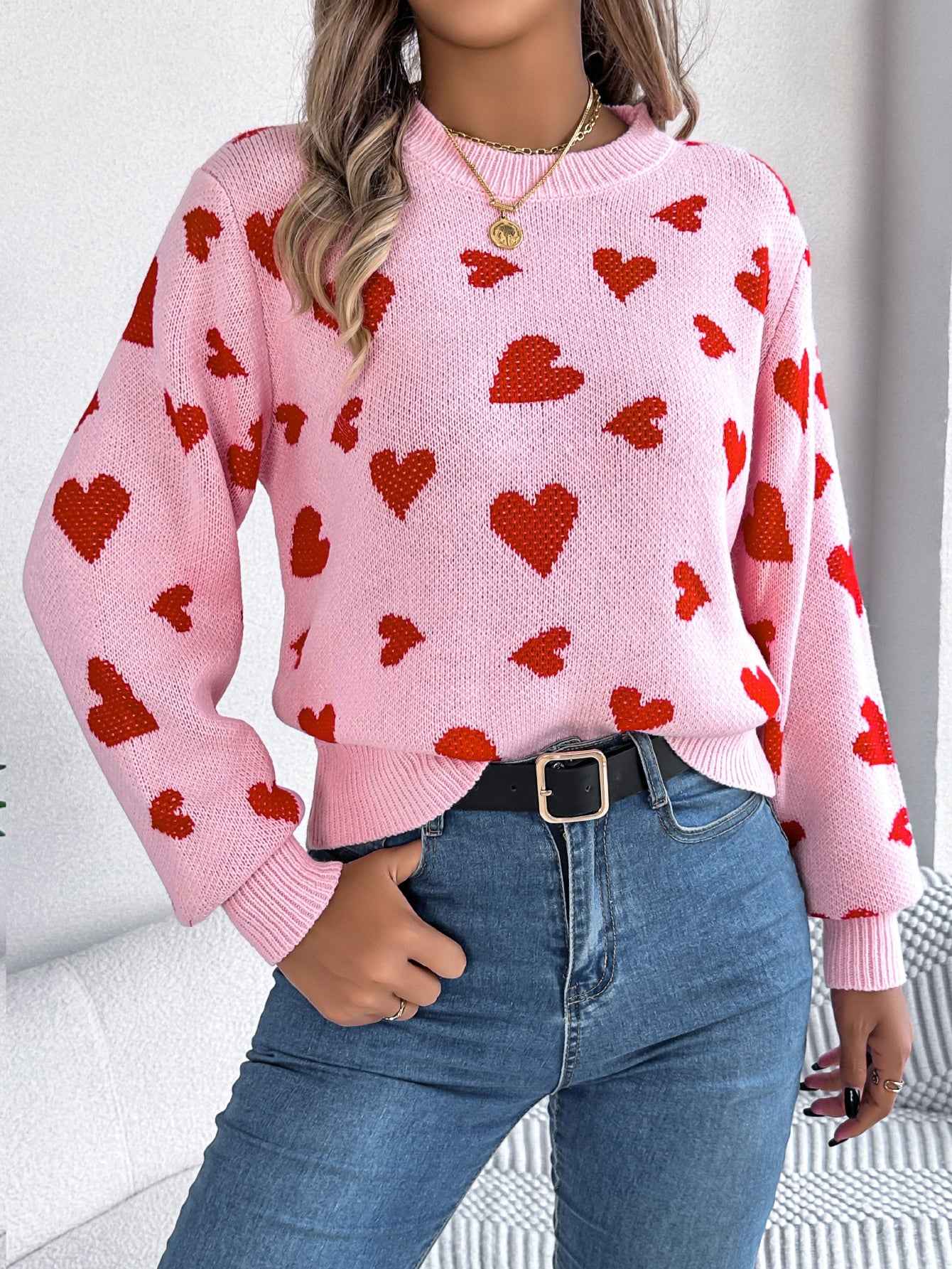 Sarah Express Women's Color Block Heart Lantern Sleeve Pullover Sweater - Casual Knitwear