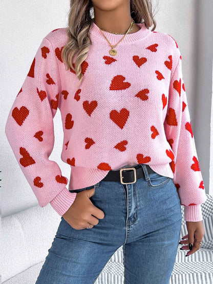 Sarah Express Women's Color Block Heart Lantern Sleeve Pullover Sweater - Casual Knitwear