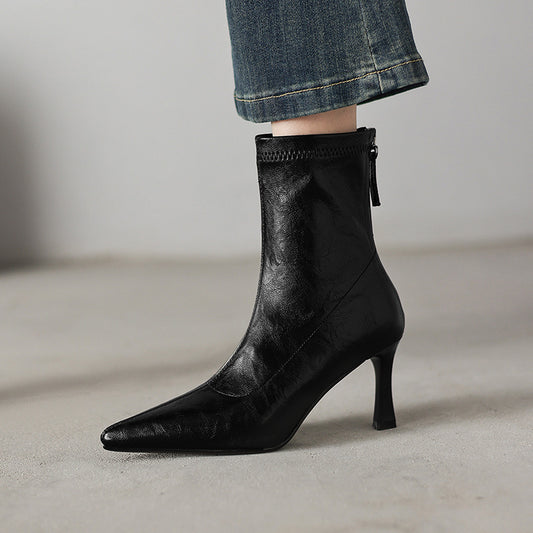 Sarah Express Women's Chunky Heel Ankle Boots – Pointed Toe Back Zipper | Black & Brown