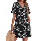 Sarah Express Women's V-Neck Ruffled A-Line Dress with Pockets Vacation Casual Short Sleeve