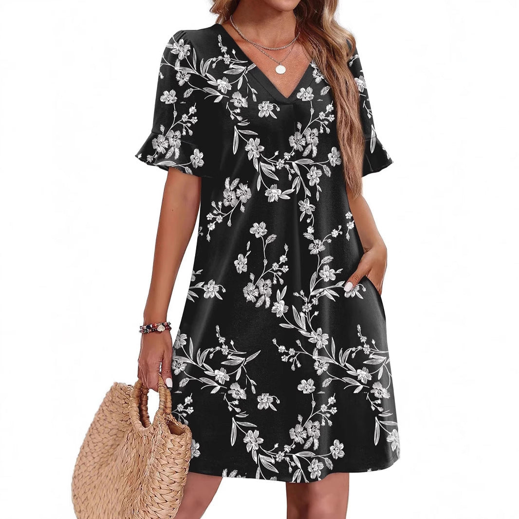 Sarah Express Women's V-Neck Ruffled A-Line Dress with Pockets Vacation Casual Short Sleeve