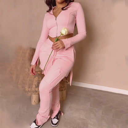 Sarah Express Women's Cargo Pants High Waist Wide Leg Trousers with Pockets - Drawstring Straight Leg Pants Pink suit