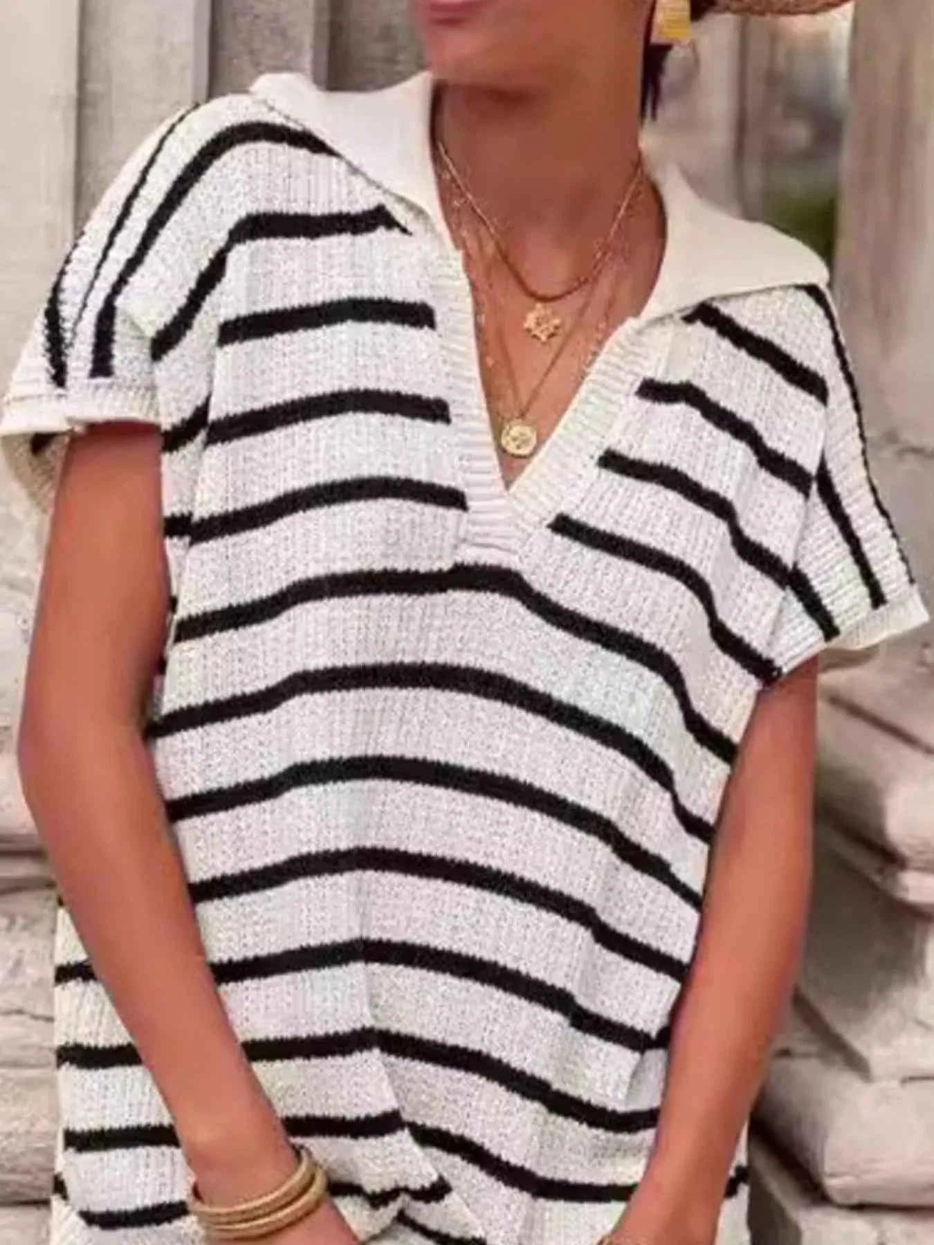 Sarah Express Women's Striped Knit Midi Dress with Slit - Short Sleeve