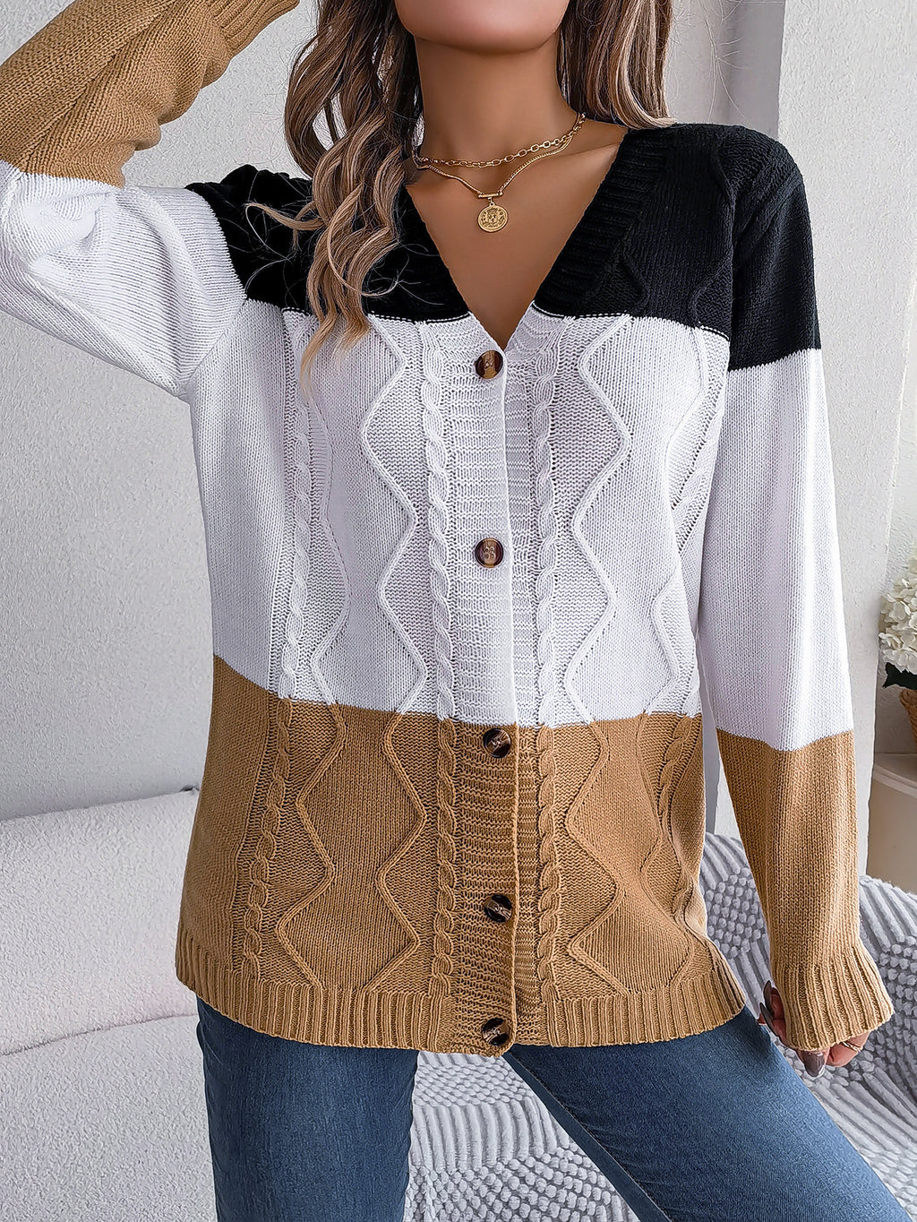 Sarah Express Women's Contrast Color Block Button Long Sleeve Sweater Loose Fit Acrylic Knit