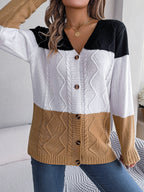 Sarah Express Women's Contrast Color Block Button Long Sleeve Sweater Loose Fit Acrylic Knit