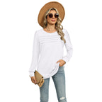 Sarah Express Solid Color U-Neck Pleated Long Sleeve Top for Women