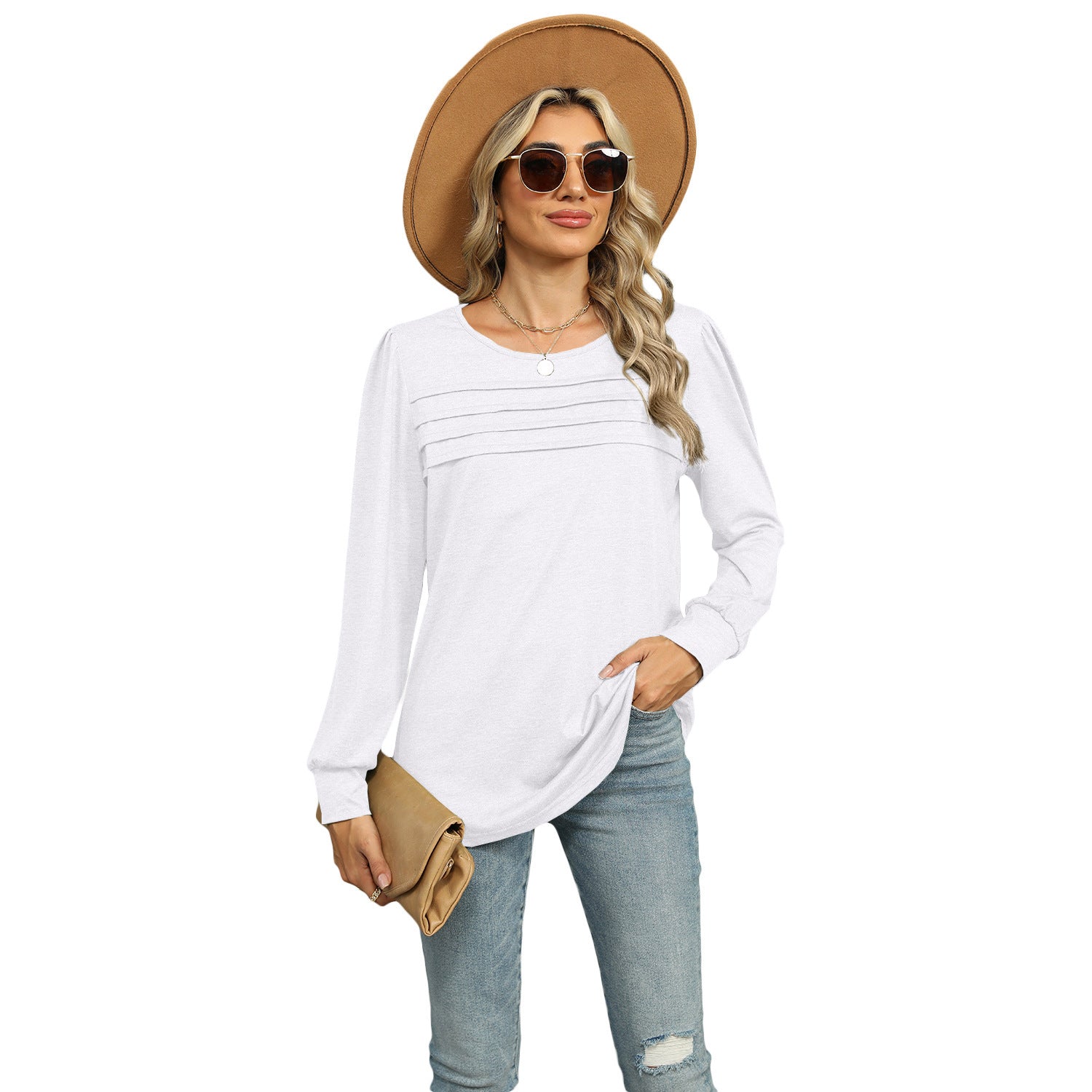 Sarah Express Solid Color U-Neck Pleated Long Sleeve Top for Women