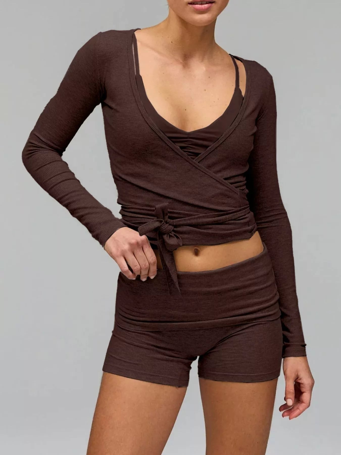 Sarah Express Women's Long Sleeve Fitted T-Shirt and Shorts Set - Ruched Two-Piece Activewear Brown