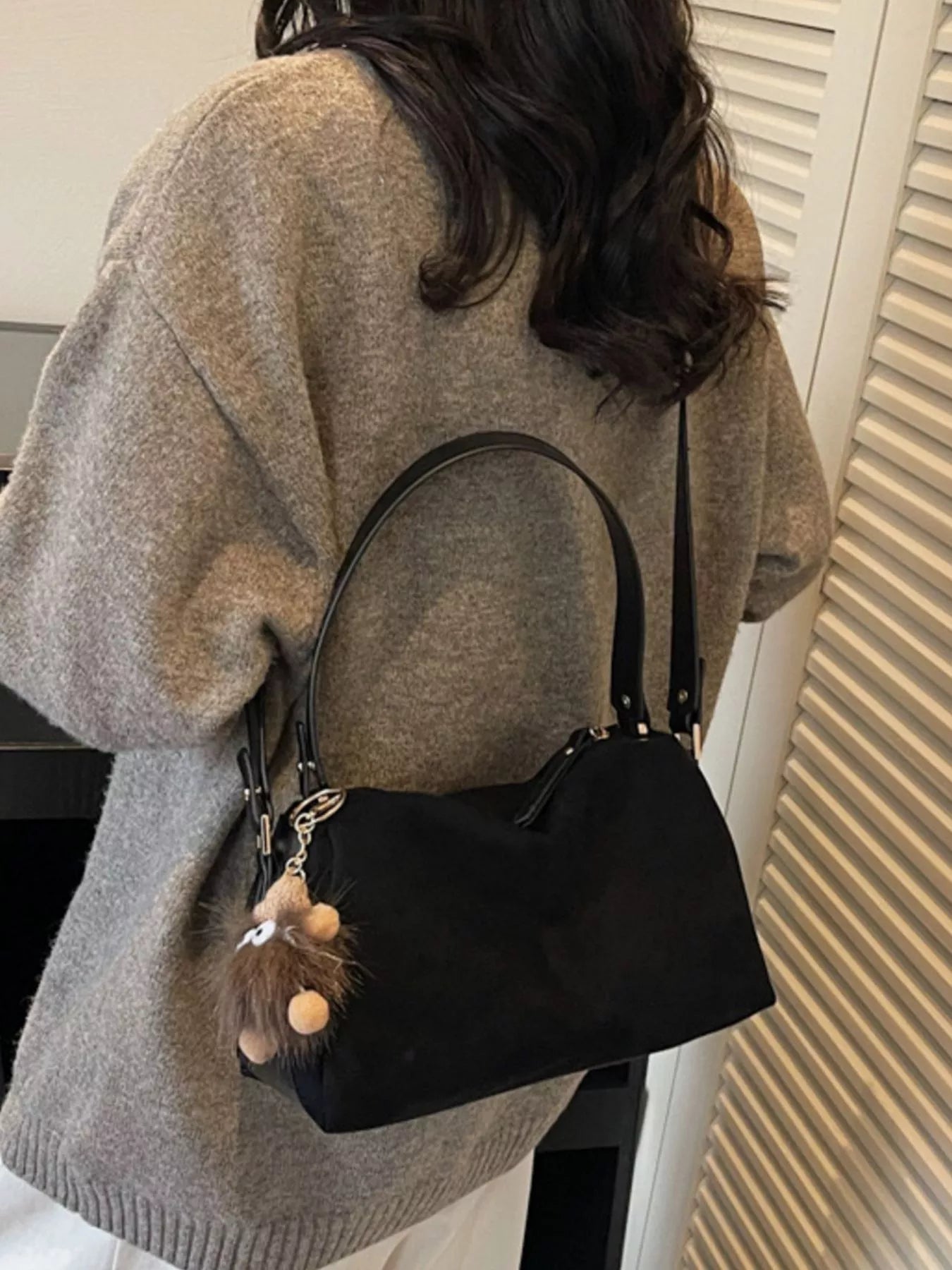 Sarah Express Women's Suede Crossbody Bag with Furry Charm