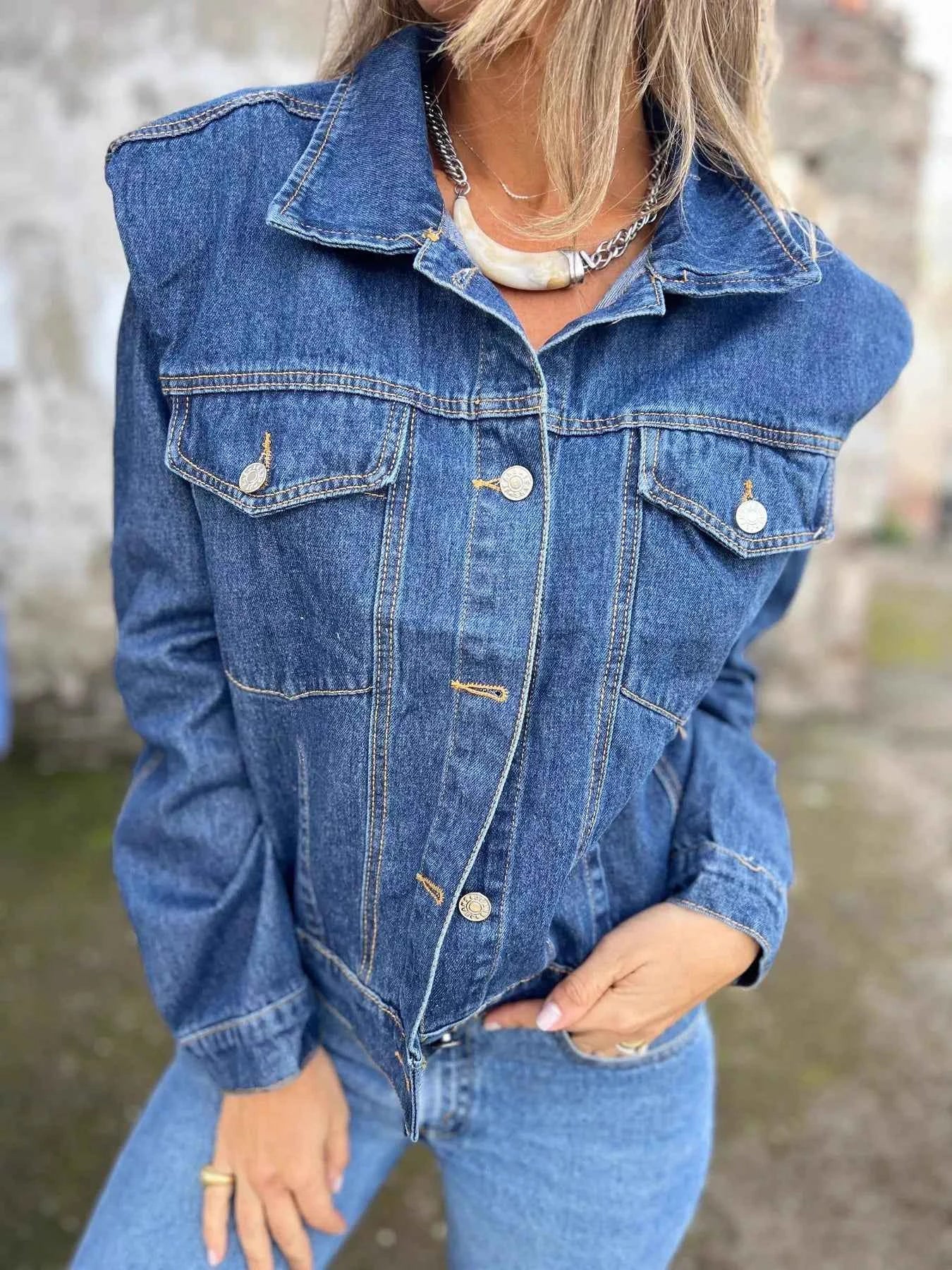 Sarah Express Women's Plus Size Denim Jacket with Chest Pockets - Button Up Classic Fit Denim Blue