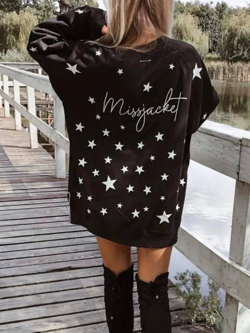 Sarah Express Women's Side Slit Stars Round Neck Long Sleeve Sweatshirt Black