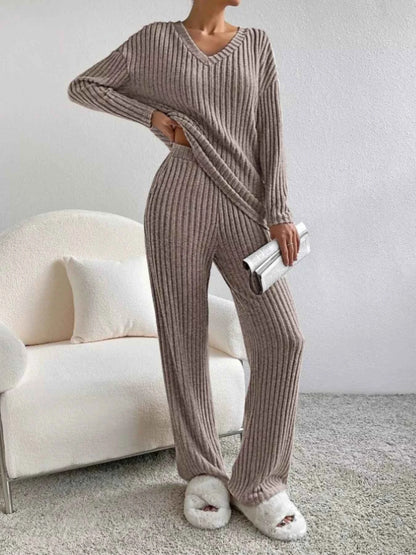 Sarah Express Women's Ribbed Knit V-Neck Top and Pants Set - Two Piece Lounge Set