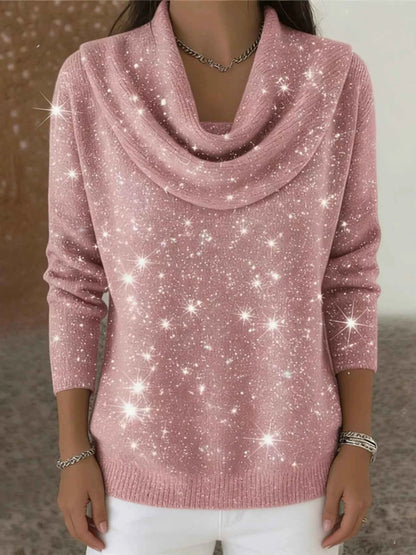 Sarah Express Women's Glitter Cowl Neck Long Sleeve Sweater Plus Size Pink