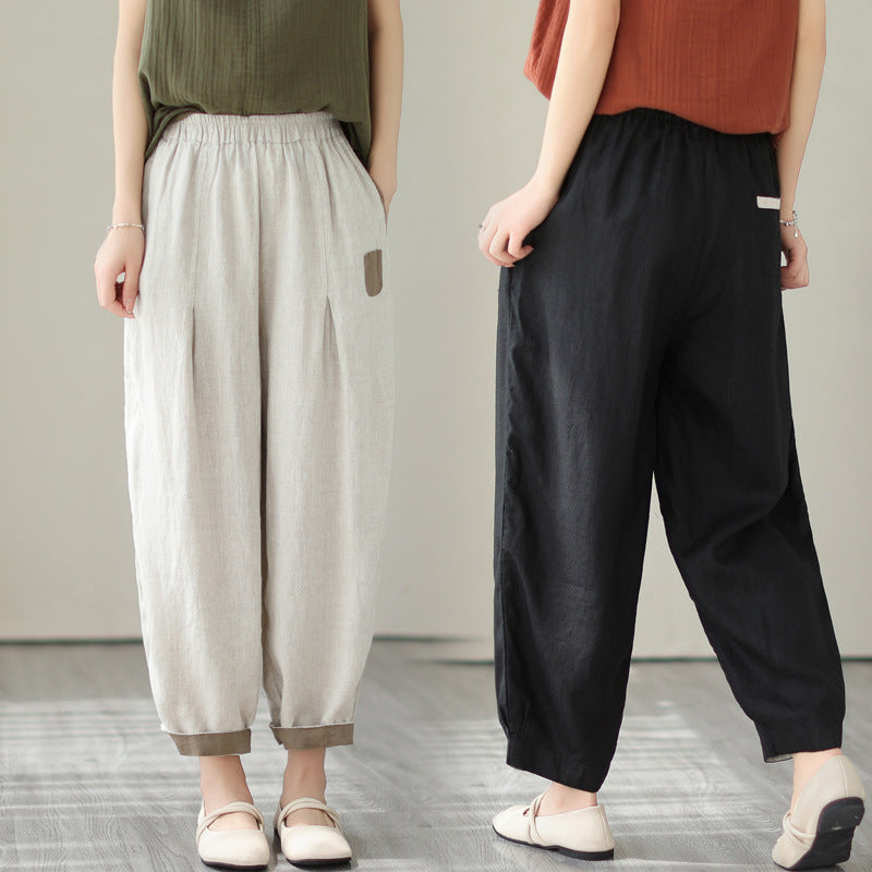 Sarah Express Women's High Waist Cropped Pants Loose Fit Cotton Linen - Casual Plus Size Ankle Length
