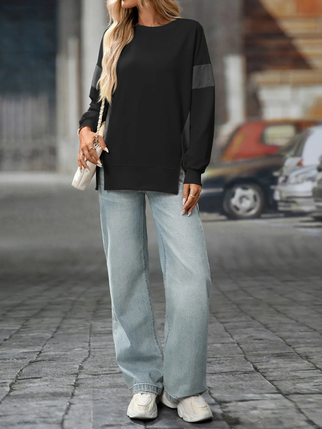 Sarah Express Women's Crew Neck Color-Blocked Drop-Shoulder Slit Sweatshirt