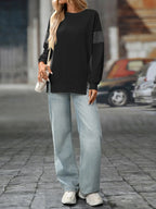 Sarah Express Women's Crew Neck Color-Blocked Drop-Shoulder Slit Sweatshirt