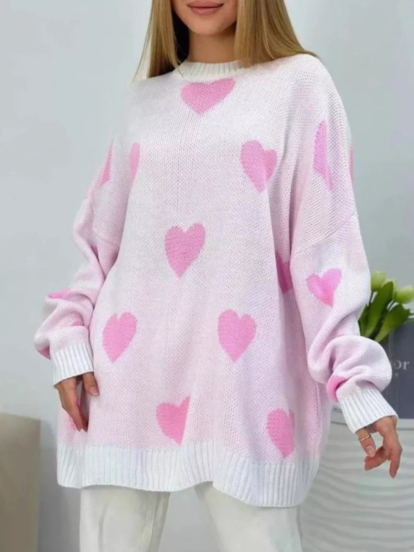 Sarah Express Women's Heart Round Neck Oversized Knit Sweater Pink